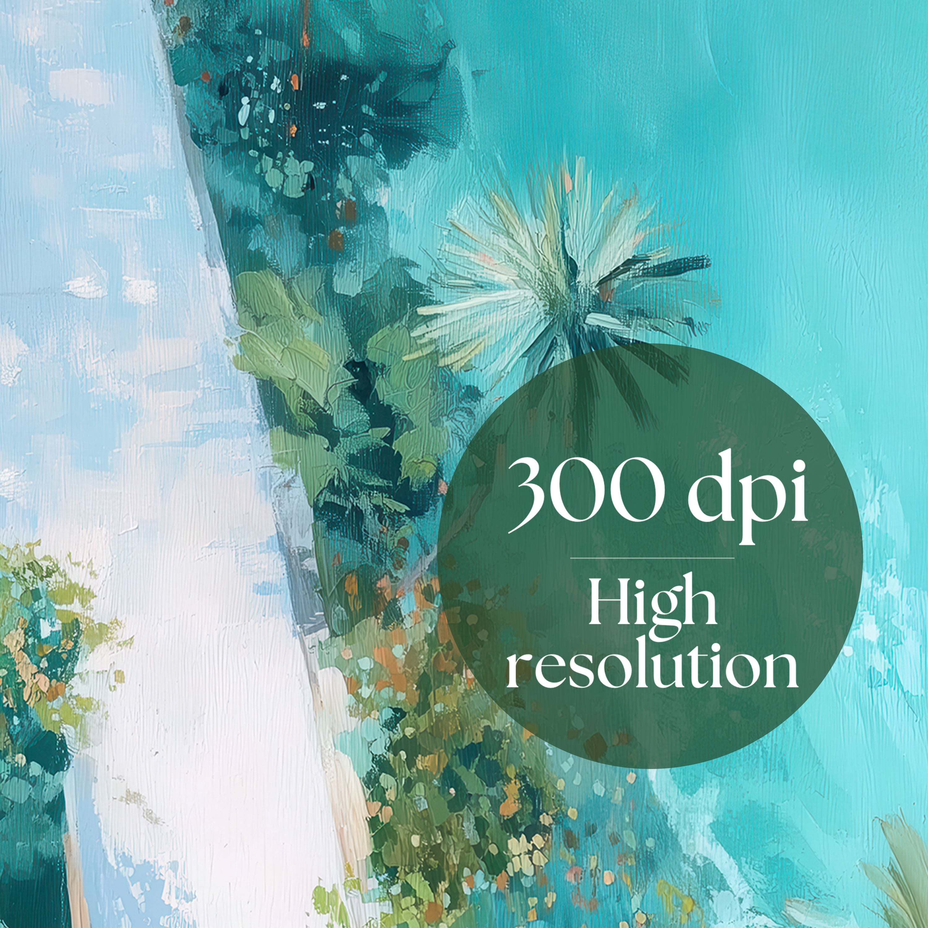 Artistic depiction of a beach scene with trees and water, featuring '300 dpi High resolution' text.