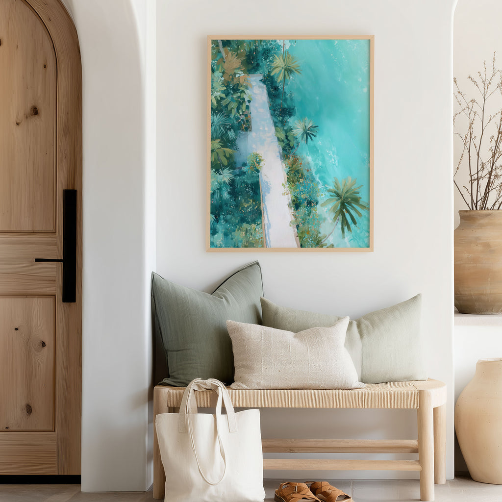 Nautical-themed artwork on a wall above a bench with cushions and a bag.