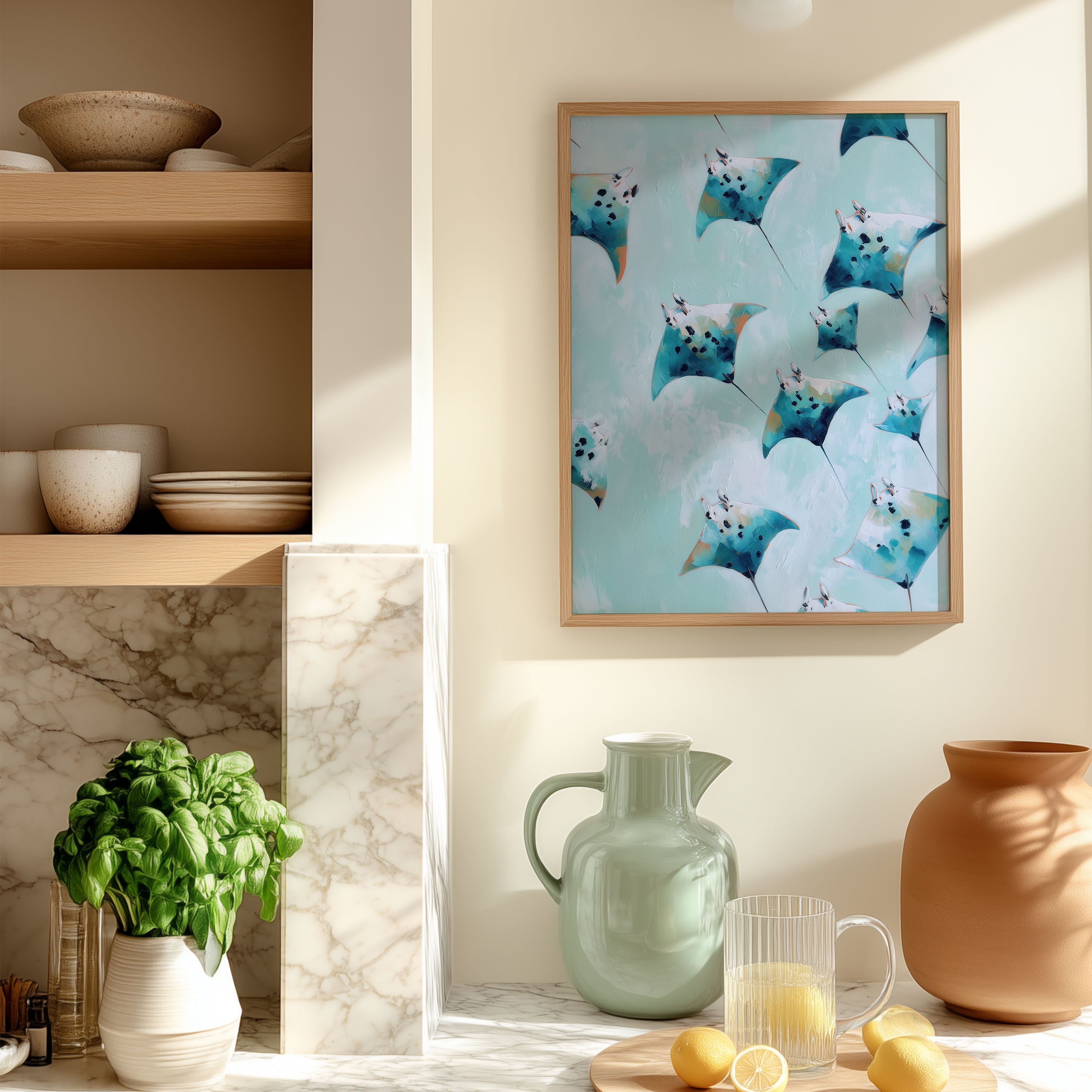Pastel Manta Rays – Digital Coastal Ocean Art Print