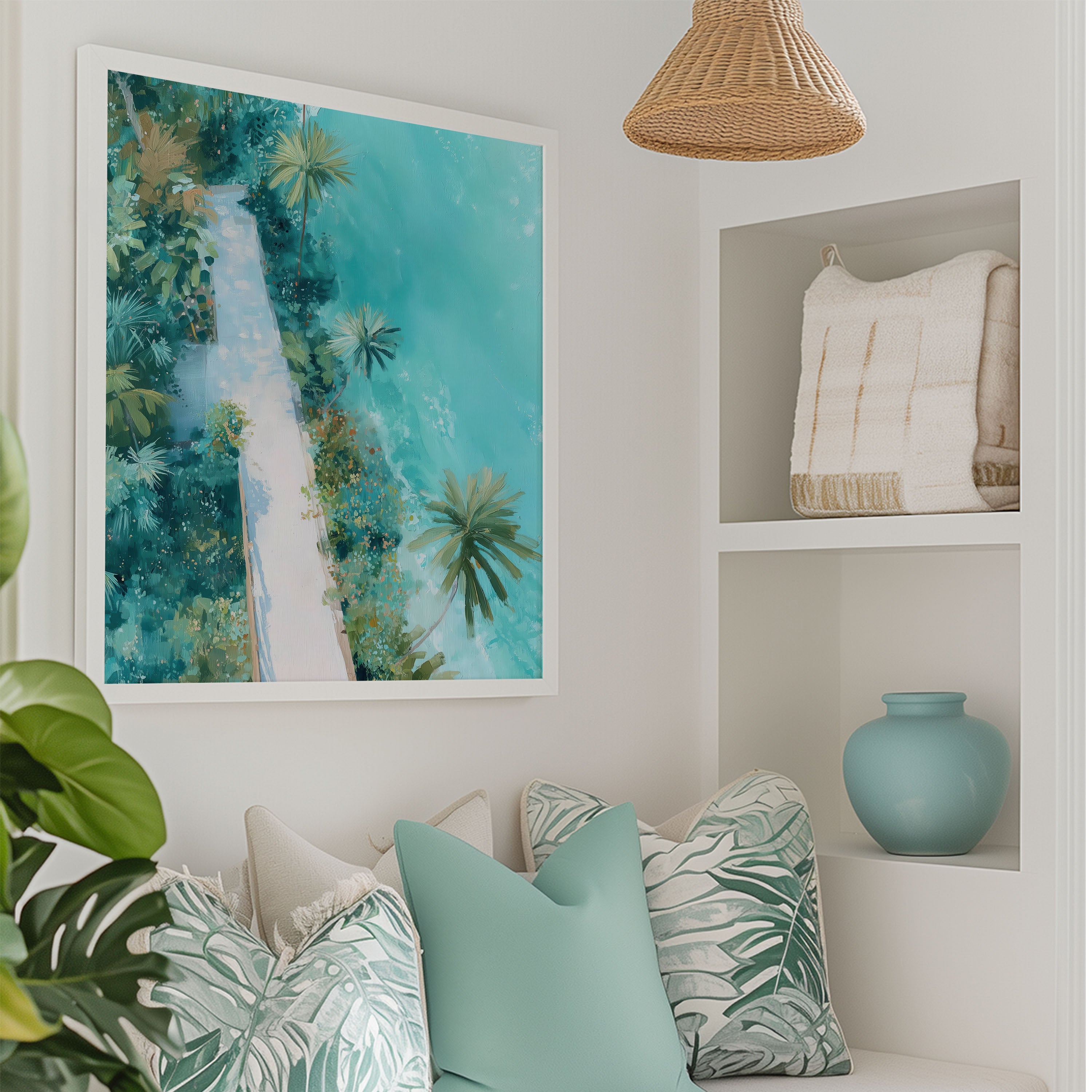 Living room with tropical-themed decor, including a painting, pillows, and a vase.