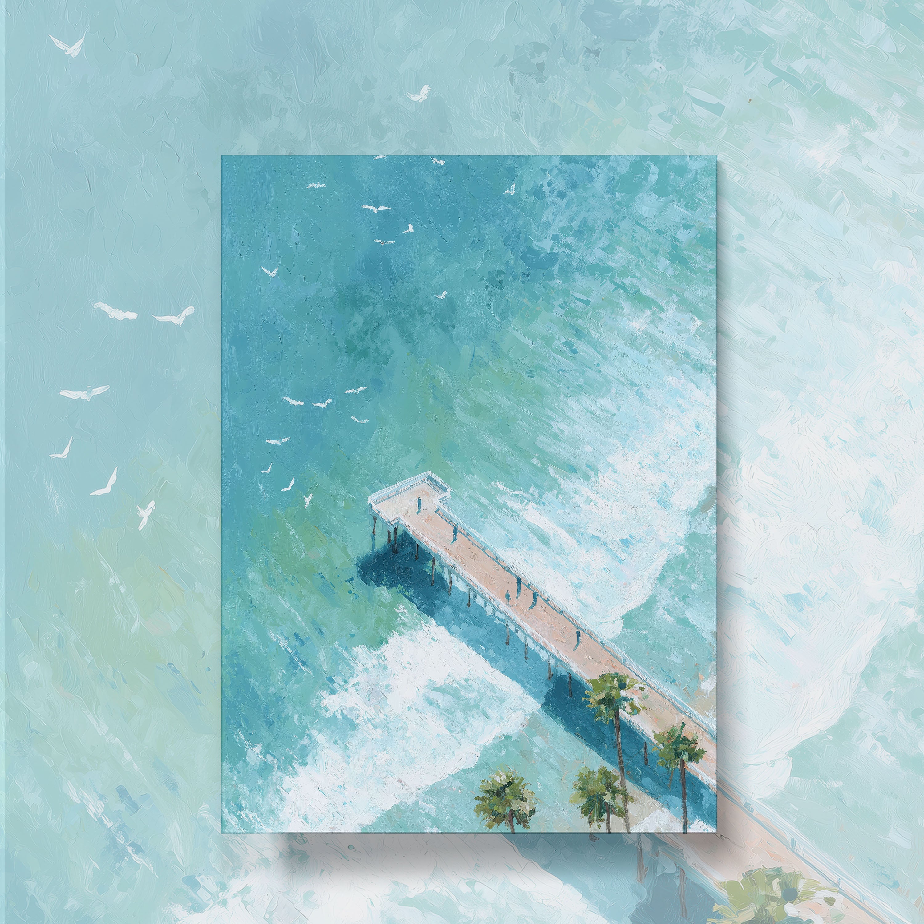 Pier Painting - Digital Aerial Beach Print with Palm Trees for Coastal Wall Art