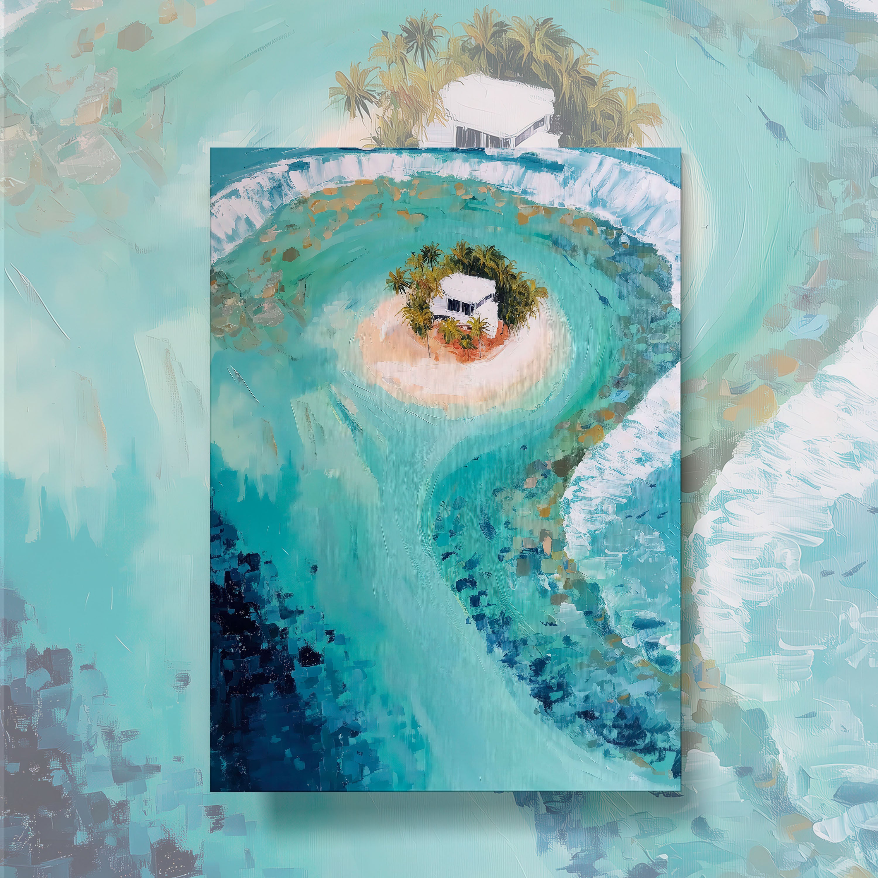 Tropical Island Wall Art – Ocean Landscape Digital Print with Beach House