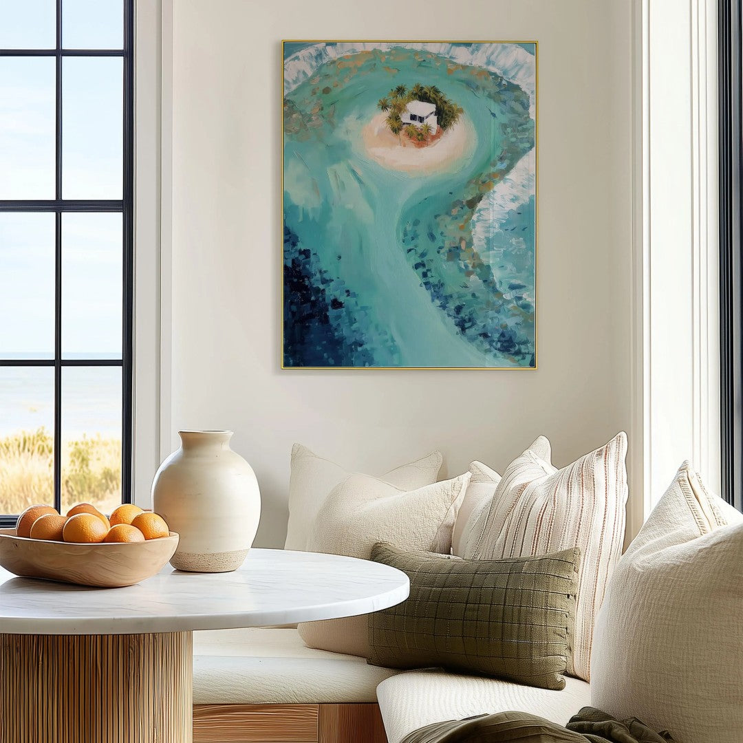 Tropical Island Wall Art – Ocean Landscape Digital Print with Beach House