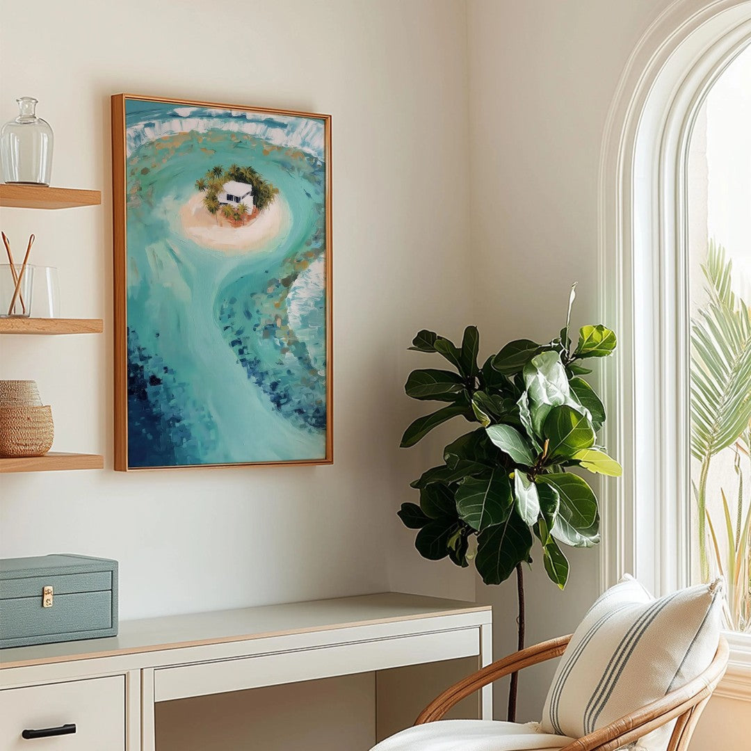 Tropical Island Wall Art – Ocean Landscape Digital Print with Beach House