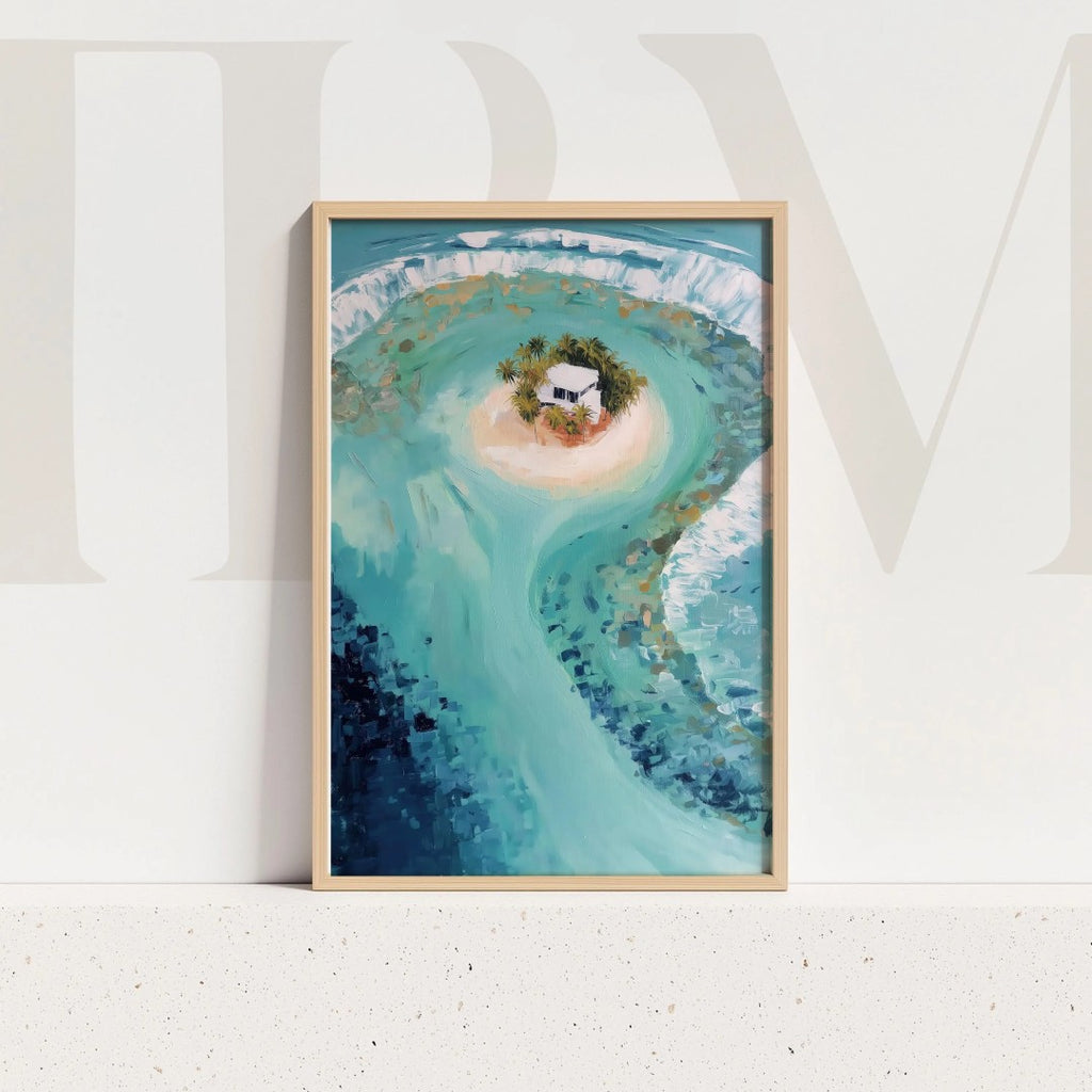 Tropical Island Wall Art – Ocean Landscape Digital Print with Beach House