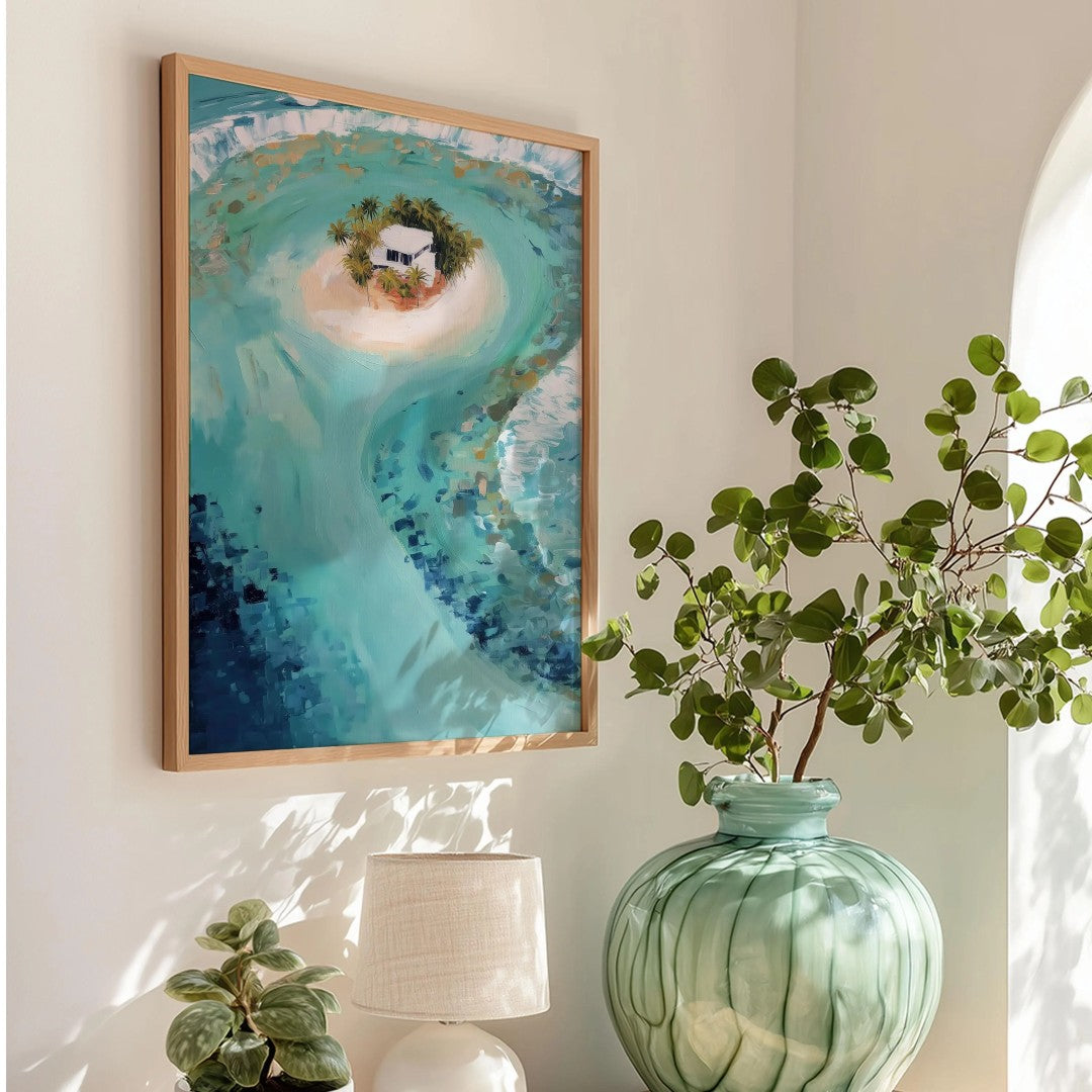 Tropical Island Wall Art – Ocean Landscape Digital Print with Beach House