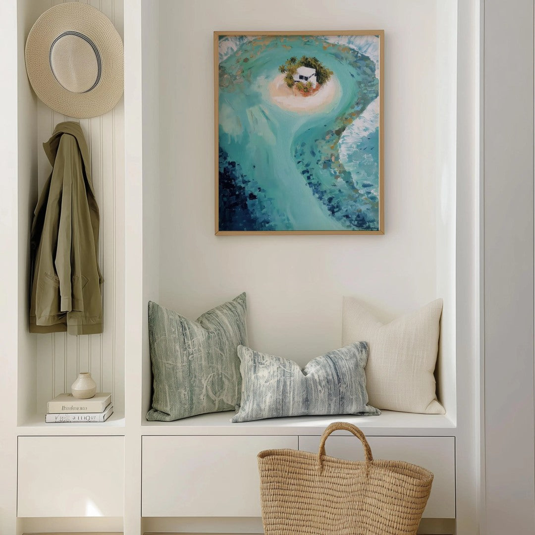 Tropical Island Wall Art – Ocean Landscape Digital Print with Beach House
