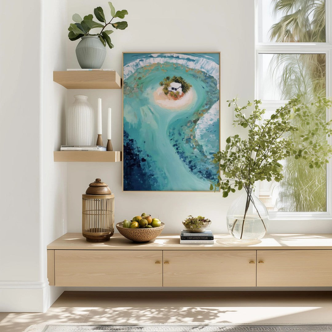 Tropical Island Wall Art – Ocean Landscape Digital Print with Beach House