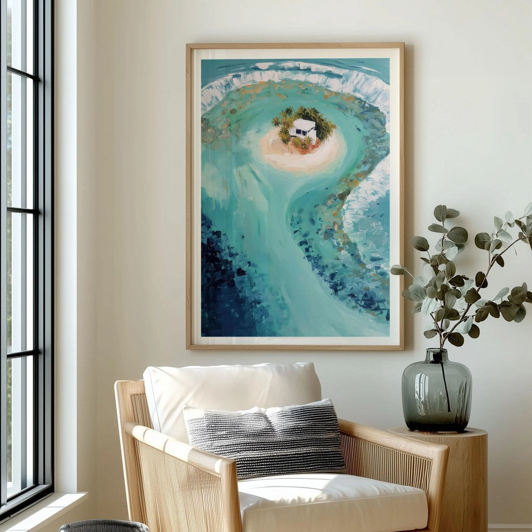 Tropical Island Wall Art – Ocean Landscape Digital Print with Beach House