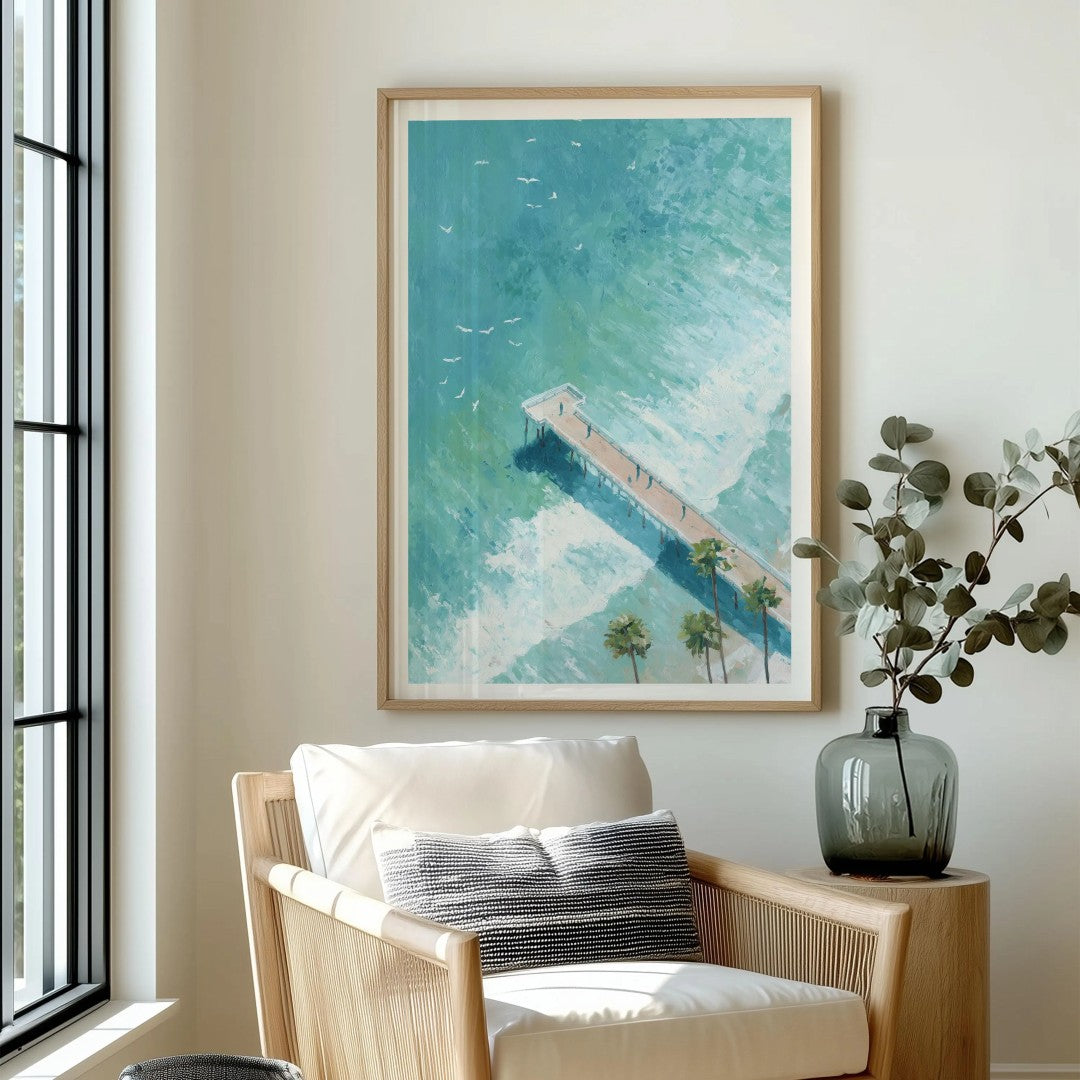 Pier Painting - Digital Aerial Beach Print with Palm Trees for Coastal Wall Art