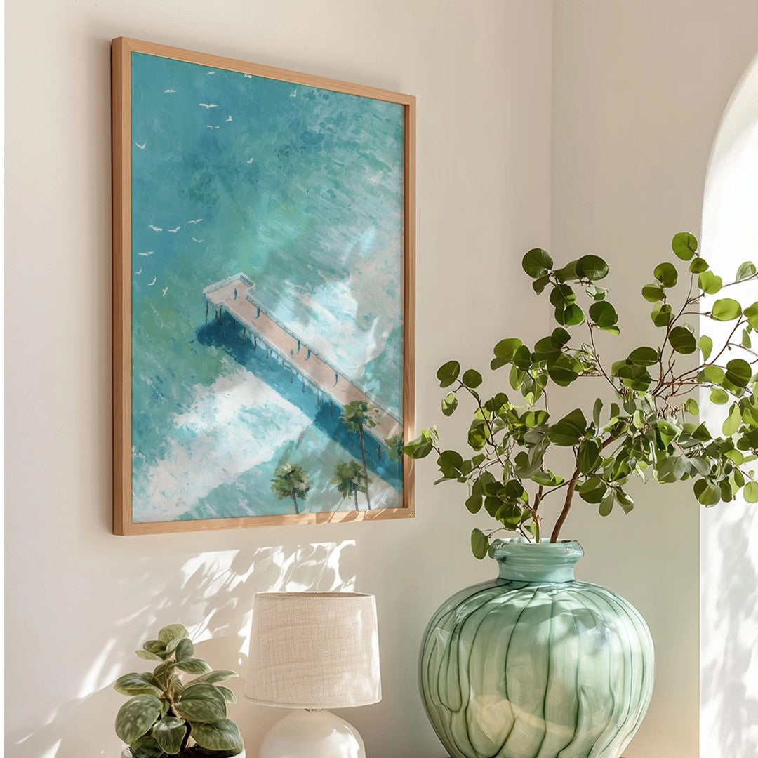 Pier Painting - Digital Aerial Beach Print with Palm Trees for Coastal Wall Art