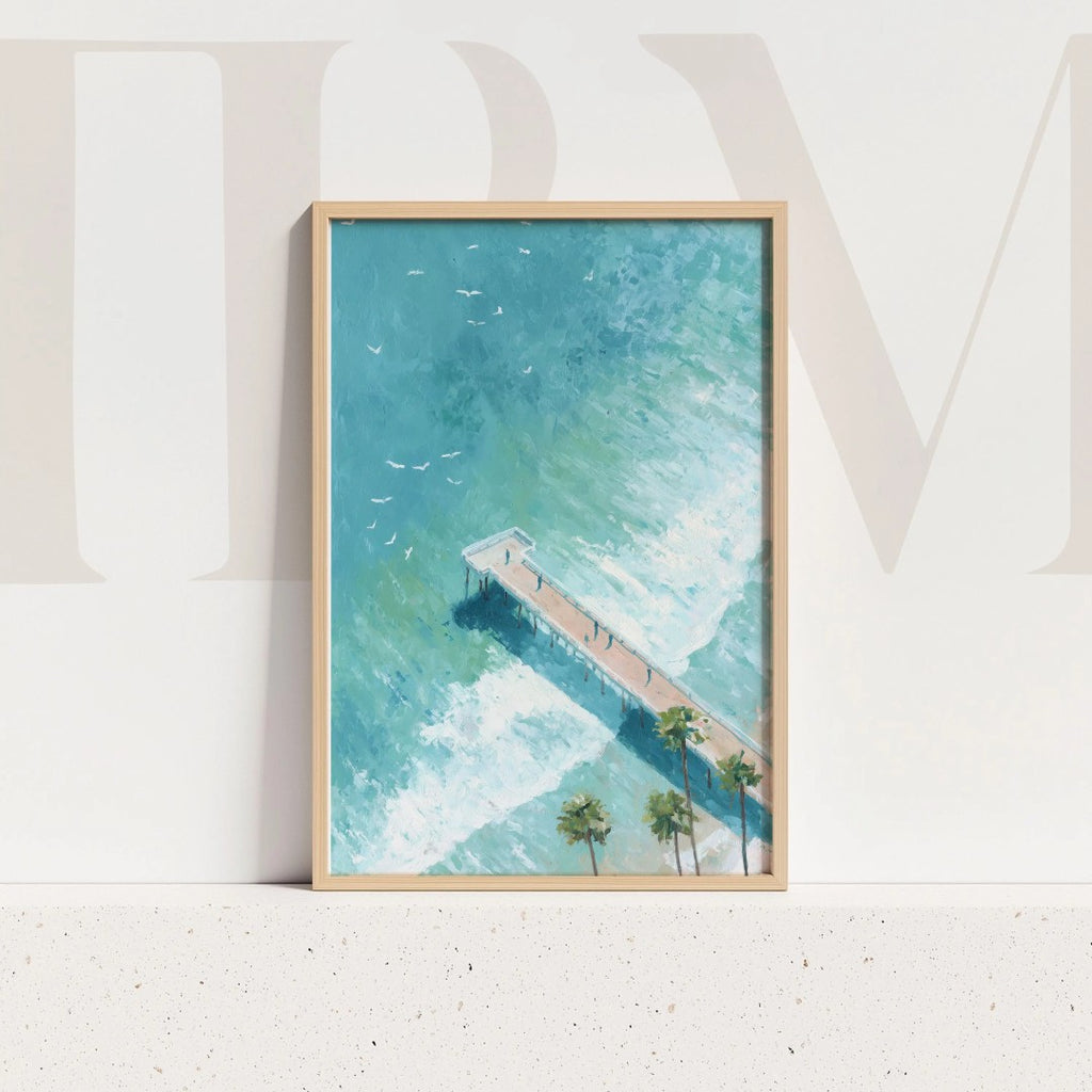 Pier Painting - Digital Aerial Beach Print with Palm Trees for Coastal Wall Art
