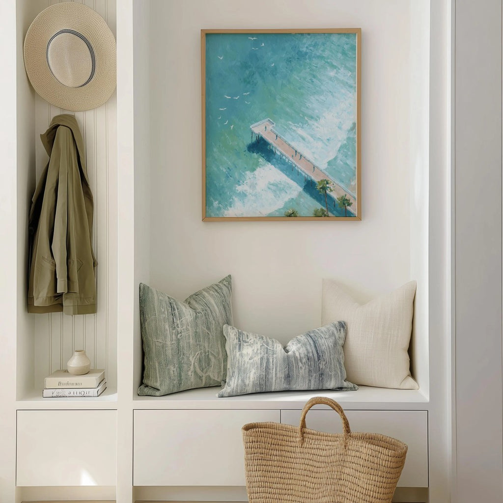 Pier Painting - Digital Aerial Beach Print with Palm Trees for Coastal Wall Art