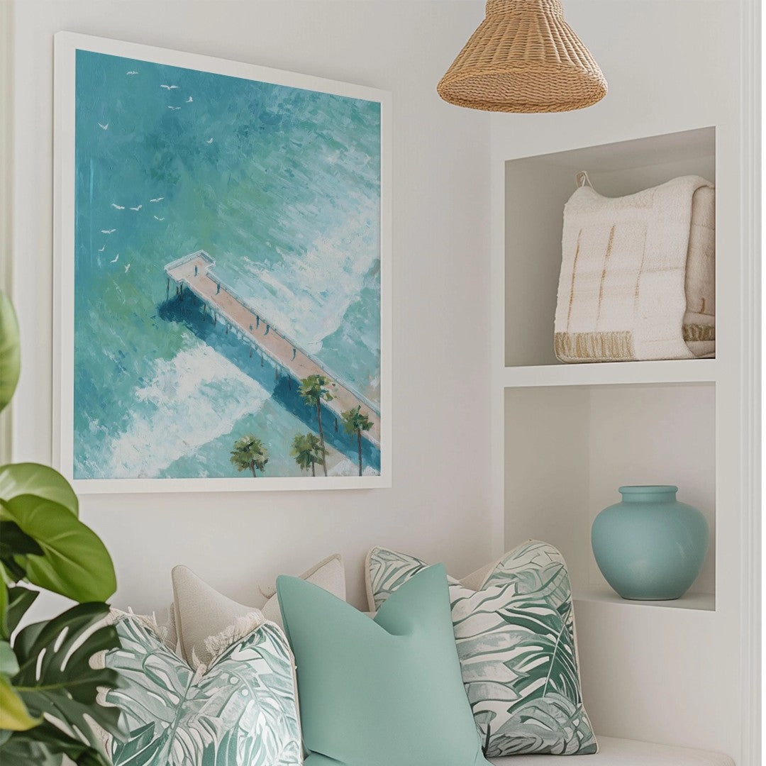 Pier Painting - Digital Aerial Beach Print with Palm Trees for Coastal Wall Art